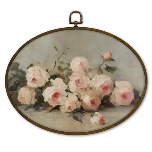 nvucamd Vintage Pink Rose Flower Oval Wall Art Decor Framed, Rustic Pink Floral Canvas Prints Wall Art, Farmhouse Shabby Chic Floral Hanging Decor for Gallery Bathroom Bedroom Living Room, 11.3x8.7In