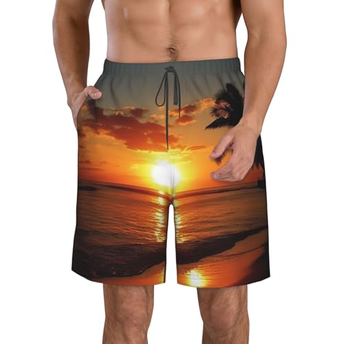 Men's Swim Trunks Quick Dry Bathing Suits Sea Tropical Island Palm Tree Beach Board Shorts Swimwear with Pockets - Main Image