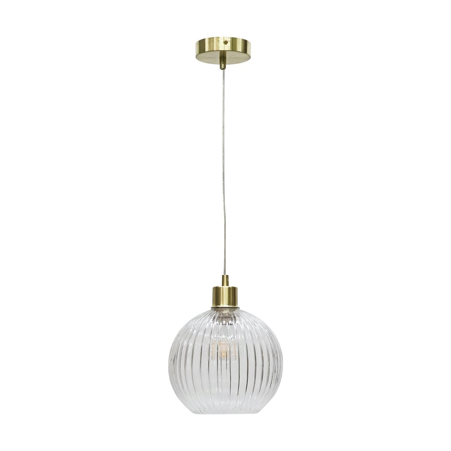 First Choice Lighting BetchleyClear Ribbed Glass Globe With Satin Brass Pendant Fitting from B&Q