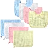 Cantidades abundantes: el paquete contiene 8 piezas de paños y baberos para eructos para bebés en diferentes colores, 4 piezas de paños de muselina para eructos y 4 piezas de baberos de muselina con pañuelo para babas con broche ajustable, cantidad suficiente y diferentes colores para satisfacer los usos o reemplazos diarios de su bebé