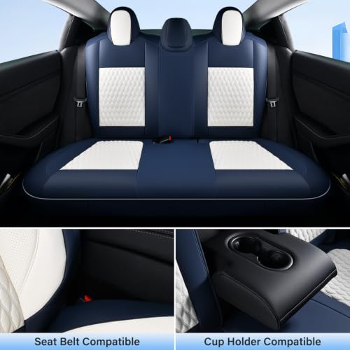 Image of Coverado Car Seat Covers for Tesla Model 3, Full Set 5 Seater, Leatherette Car Seat Covers Front Seats and Rear Back Custom for Tesla Model 3 2024-2025 New BlueWhite