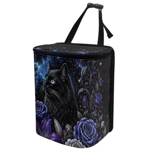 Image of Talayituse Galaxy Black Cat Flower Print Car Trash Can with Lid, Leak Proof Auto Trash Bag Hanging Vehicle Garbage Can Multipurpose Storage Container for Back Seat Road Trip Halloween Decor