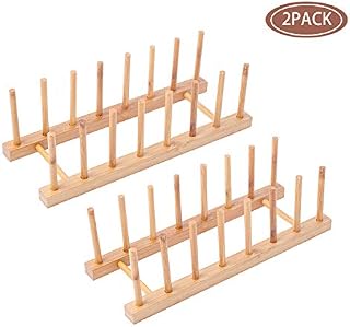 2Pack Bamboo Wooden Dish Rack, Plate Rack Stand Pot Lid Holder, Kitchen Cabinet