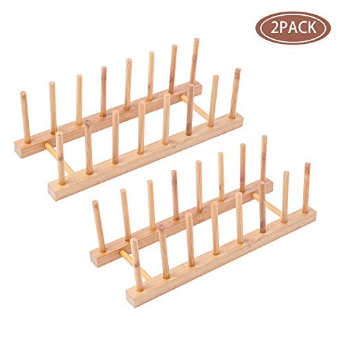 2Pack Bamboo Wooden Dish Rack, Plate Rack Stand Pot Lid Holder, Kitchen Cabinet