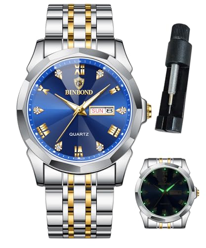 Watches for Men Luxury Diamond Business Dress Analog Quartz Stainless Steel Waterproof Luminous Date Two Tone Casual Wrist Watch