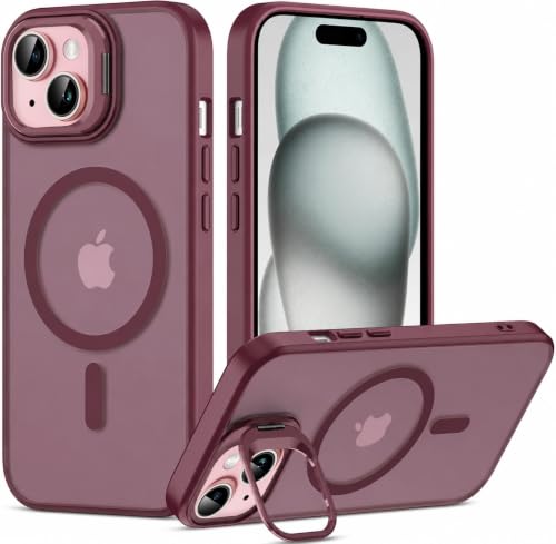 Image of Elzzi Kickstand Case for iPhone 15 Case Compatible with MagSafe, Built-in Adjustable Camera Guard Stand, Translucent Matte Anti-Fingerprint Heavy Duty Shockproof Phone Cover - Cherry
