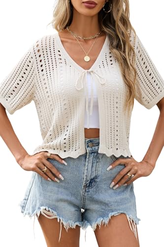 Yekaty Crochet Summer Cardigans for Women Lightweight Short Sleeve Cropped Cream Shrug Sweater for Dresses L
