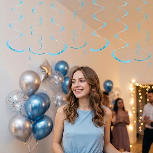 Image of Party Swirl Decorations Hot Pink Shinny Foil Hanging Swirl Decorations Plastic Streamer for Ceiling Plastic Streamer for Party Decorations Metallic Hanging Swirl Pack of 30 (Lake Blue)