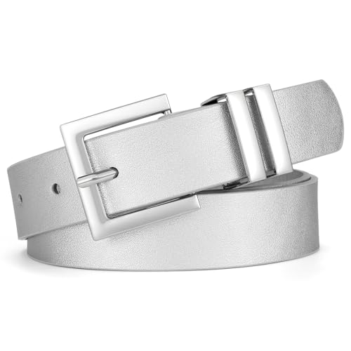 SANSTHS Womens Leather Belt for Jeans Pants Dresses Fashion Ladies Belt Square Gold Buckle Waist Belt for Women Silver L