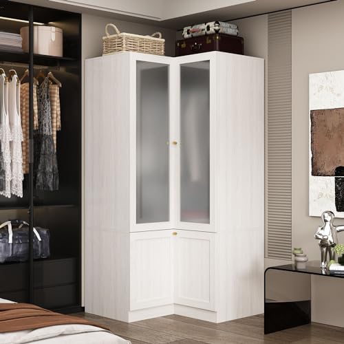 MOUMON Armario esquinero con 2 puertas acrílicas, armario con barra para colgar, para dormitorio, grano de madera (16.3 + 19.1 pulgadas de ancho x 19.1 + 16.3 pulgadas de profundidad x 70.9 pulgadas