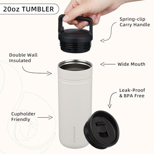 Image of BJPKPK 20 oz Insulated Travel Water Bottle, Coffee Tumbler Stainless Steel | Double Wall Vacuum, Leakproof, Thermal, Keeps Hot /Cold, BPA Free, Dishwasher Safe, Spill Proof, Wide Mouth, 2 Lids, Milky