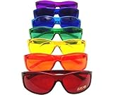 Set Contains: Red, Orange, Yellow, Green, Blue, Indigo, Violet (Purple) 100% UVA and 100% UVB protection (UV 400) Uni-colored plastic frames Wear them inside or outside the house. Be careful - some of the dark colors may make things hard to see. Wear...