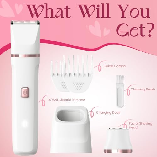 Pubic Hair Trimmer for Women - Electric Razors for Women's Body Groomer, Replaceable Ceramic Blade Heads, Face Hair Remover Head, USB-C&Dock Charging, Waterproof&Easy Cleaning White