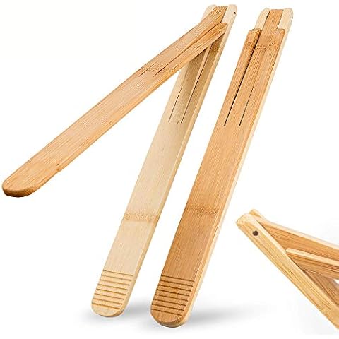 Bamboo Wood Salad Tongs with Space Saving Collapsible Spring, 11" Cooking Tong Enhanced Grip for Kitchen, BBQ Cooking, Camping or Grill, Foldable Carry or Storage, Flipping and Serving | Set of 2 Cover