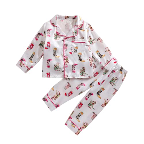 MAINESAKA Toddler Girls Pajamas Set Western Cowboy Long Sleeve Button-Down Pjs Top Pants Set Kids Fall Loungewear Sleepwear