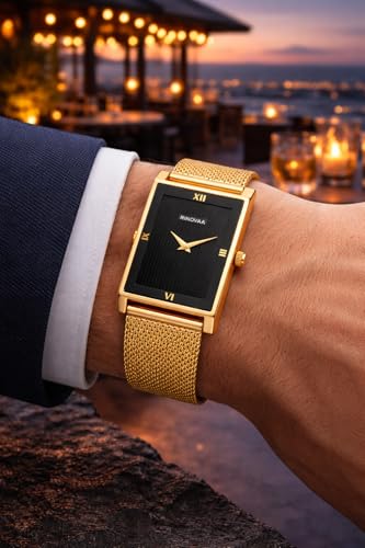 Image of Men's Rose Gold Rectangular Analog Watch | Black Textured Dial | Stainless Steel Mesh Bracelet | Premium Quartz Watch for Men