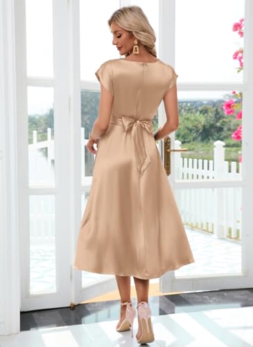 Image of Women's Summer Satin Dress Elegant A-Line Cap Sleeves Tie Waist Flowy Midi Dress Cocktail Wedding Guest Dress