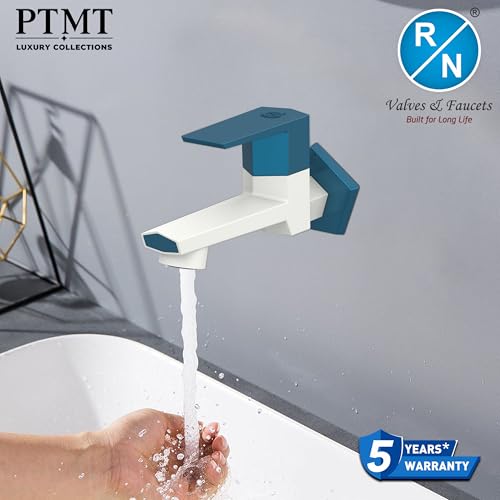 Image of RN PTMT Long Body Bib Cock for Bathroom | 15mm Long Body Foam Flow Water Tap with Flange | Luxury G20 Collection Faucet | High-Grade Engineering Polymer Tap (White Marine Blue Dual, Pack of 2)