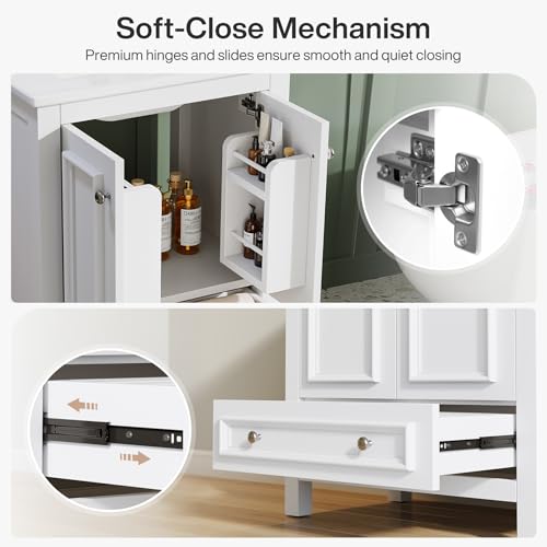 Image of Tribesigns 24 inch Modern Bathroom Vanity with Sink, Freestanding Bathroom Vanities Cabinet with Ceramic Basin Combo, Bathroom Sink Cabinet with 2 Doors and 1 Drawer, Solid Wooden Frame, White