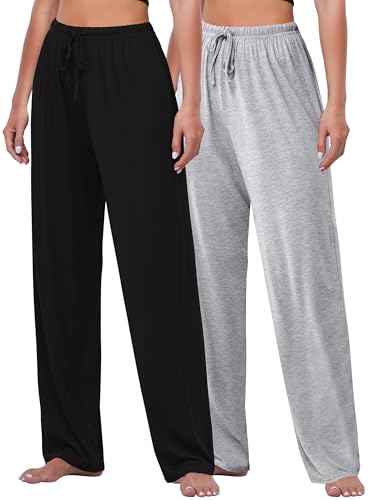 FEQO 2 Pack Damen Loungehose Jogginghose Lang Pyjamahose Stretch Weites Bein Hose Schlafanzughose für Frauen (Schwarz, Grau, XXL) FEQO 2 Pack Damen Loungehose Jogginghose Lang Pyjamahose Stretch Weites Bein Hose Schlafanzughose für Frauen (Schwarz, Grau, XXL)