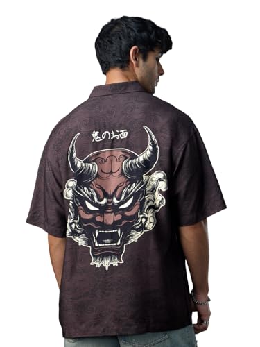 Image of The Souled Store: The Last Shogun Men and Boys Short Sleeve Collared Neck Button Front Dark Brown Graphic Printed Rayon Oversized Shirts
