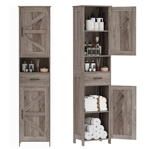 Comparison: Best Greige For Kitchen Cabinets 3 Homhedy 67" H Tall Bathroom Storage Cabinet with 2 Barn Doors and 1 Drawer, Narrow Storage Unit, Adjustable Shelves,Floor Cabinet for Bathroom, Living Room, Entryway, Kitchen, Greige, (15.7" W)