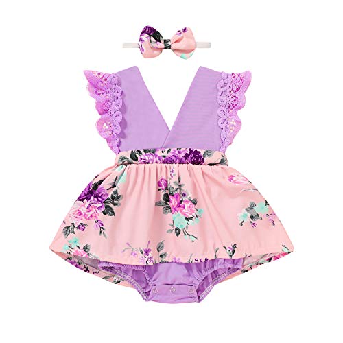 Toddler Baby Girl Clothes Floral Dress Lace Ruffle Sleeveless Backless Skirt with Headband 2Pcs Outfit (Purple, 6-12 Months)