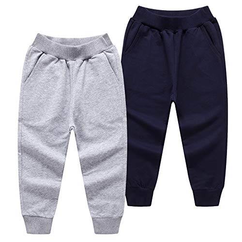 ALALIMINI Toddler Boys Active Joggers Cotton Sweatpants Unisex Solid Classic Pants(Grey&Navy 7)