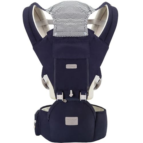 Baby Carrier with Hip Seat, YIYUNBEBE 6-in-1Baby Carrier Newborn to Toddler, Adjustable Detachable Infant Baby Holder Carrier for 7-44lbs, All Seasons Dark Blue