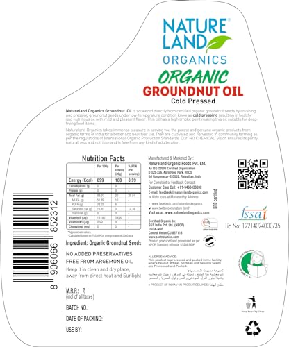 Natureland Organics Groundnut/Peanut Oil 5 Ltr. - Cold Pressed Organic Healthy Oils - Image 2 thumbnail