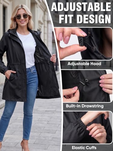 APEXUP Long Rain Jacket Women, Hooded Rain Coats Mesh Lined Windbreaker | Breathable Mesh Lining, Two-Way Zipper, Adjustable Waist, Water-Resistant Trench Coat, Outdoor Raincoat for Travel Daily Wear - image 7