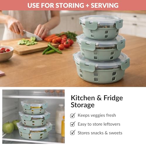 Image of Nestasia Gripso Glass Containers Set of 3 (400ml, 600ml, 950ml) with Silicone Sleeve & Locking Lid, Microwave, Dishwasher & Freezer Safe Round Food Storage Containers (Green)