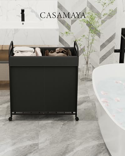 Laundry-Basket-with-Wheels-2-Section-Rolling-Laundry-Hamper-Laundry-Sorter-with-Removable-Liner-Steel-Frame-with-Handle-95L-236-x-13-x-252-Inches-Black-LHC120B01