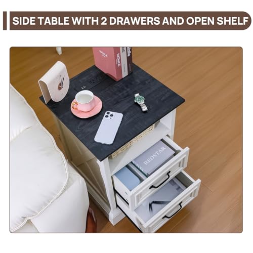Image of ALBAD Farmhouse Nightstands with Charging Station,White & Black Tabletop | End Tables with 2 Drawers, Cube Storage Organizer, USB Ports, Metal Handles, for Rustic Bedroom Bedside, Living Room, Dorm