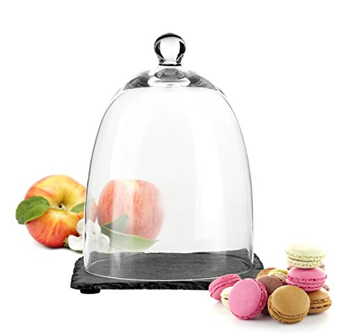 endez Glasglocke auf Schieferplatte 15x20 cm – Mundgeblasene Glashaube aus Borosilikatglas mit Vertiefung – Elegante Glaskuppel & Käseglocke für Desserts, Käse & Snacks, Deko Glasdom Servierhaube