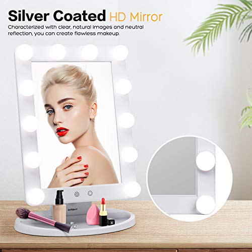 AirExpect Makeup Vanity Mirror with Light Bulbs - 3 Color Lighting Modes Hollywood Style Tabletops Lighted Cosmetic Mirror with 12 Dimmable LED Bulbs and Touch Control Design