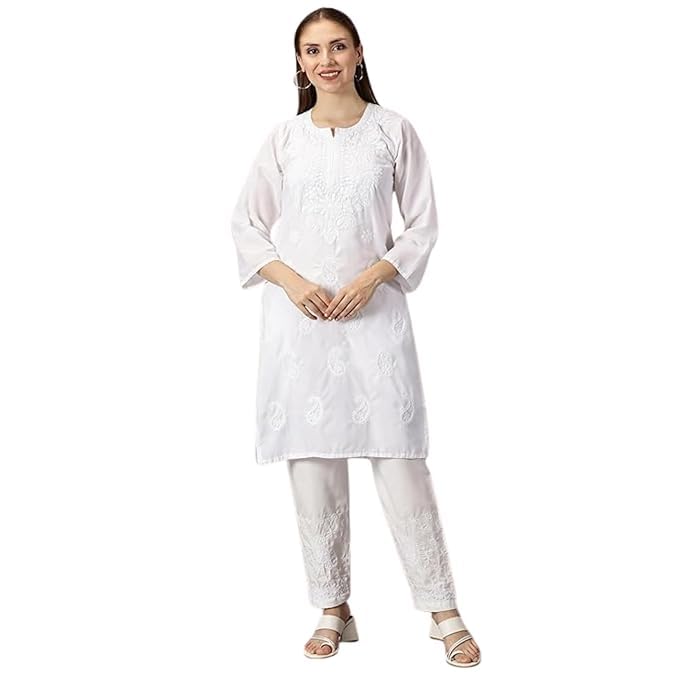 Image of FCH, Fashionable Chikan Handikraft Women's Cotton Lucknowi Chikankari Printed Straight Kurta for Regular Wear Girls Flared Kurta