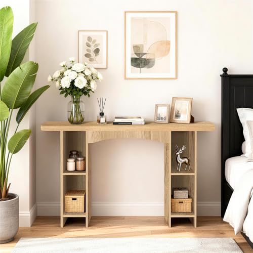Image of Sonharlar 55 Inch Entryway Table Single-Shelf Cabinet, 1.6 Inch Thick Desktop Wooden Console Table with Socket Farmhouse Sofa Table for Entrance, Hallway, Living Room,Behind Couch(Natural Brown)