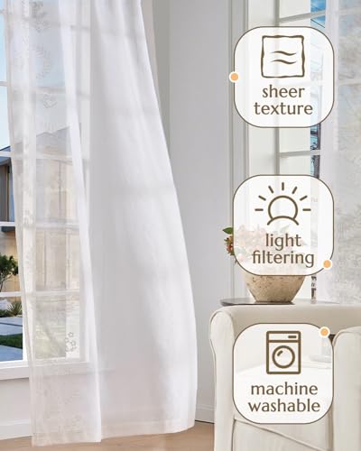 Image of jinchan Floral Linen Curtains, Back Tab 50x84 Inch, 2 Panels White