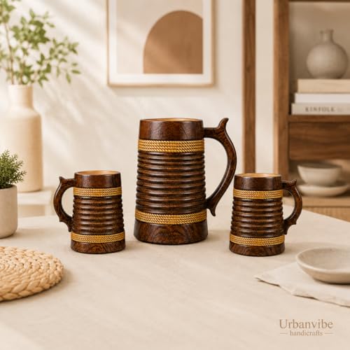 Image of Wooden Beer Bar Combo Set | Barrel Shaped Jumbo Mug | 2 Small Beer Mug 350ML (5 x 4 inches Each) & 1 Large Beer Jug 750ML | Ring Groves