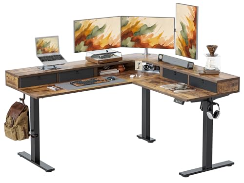 TIQLAB L Shaped 63 x 55 inch Standing Desk Adjustable Height, Electric Corner Standing Desk with 4 Drawers and Upper Shelf, Sit Stand Computer Table with Splice Board, Rustic Brown