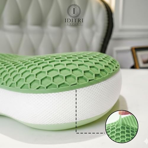 Image of Ergonomic Curved Cooling Gel Pillow, Microfiber Filled with Hexagonal TPE Grid Layer, Neck & Shoulder Support, Air Flow Design, Zippered Washable Cover, 24x13x5 inch, Green