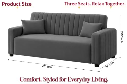Image of Modern 3 Seater Sofa | Vertical Channel Tufted Backrest & Armrests | Plush Cushioned Seating | Contemporary Upholstered Couch for Living Room, Bedroom & Office - Grey Color
