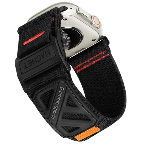 Sport Armband Kompatibel mit Apple Watch Ultra 3/2/1 49mm Series 11/10 46 mm 9/8/7 45mm SE/6/5/4 44 mm 3/2/1 42mm Verstellbares Nylon Ersatzarmband mit Magnetverschluss für iWatch (Schwarz)