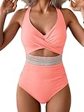 B2prity One Piece Swimsuit for Women Tummy Control V Neck Bathing Suit Color Block High Waisted Cutout Swimwear