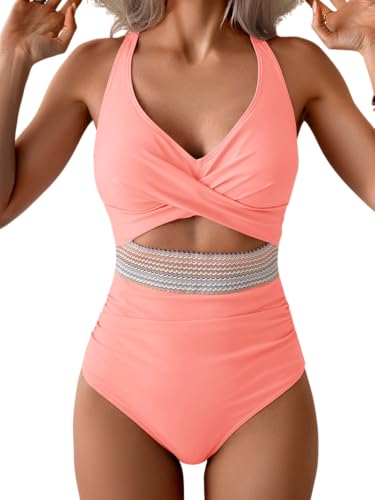 B2prity One Piece Swimsuit for Women Tummy Control V Neck Bathing Suit Color Block High Waisted Cutout Swimwear
