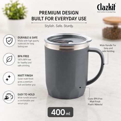 Image of Clazkit Travel Leak Proof Coffee Mug | Stainless Steel Coffee Tumbler | Spill-Proof Lid | Hot & Cold Vacuum Mug for Office, Travel & Car- 400ml - Grey