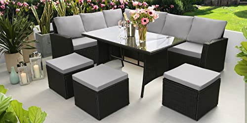 Image of DEVOKO 6-Piece Outdoor Patio Furniture Set HDPE Wicker Conversation Set with Dining Table, Sofa for Porch, Lawn, Garden, Backyard (Black & Grey)