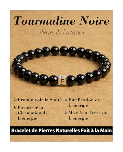 Landorilo Bracelet de Pierre Naturelle pour Femme et Homme, Bracelets à Initiales, Tourmaline Noire 6mm avec Perles Alphabet en Argent 925, Cadeau de Saint-Valentin, Noël, Anniversaire. F