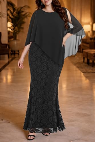 Image of Women's Plus Size Cape Dress with Chiffon Overlay Gown Formal Evening Lace Long Mermaid Dresses 2024